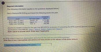 Required information
[The following information applies to the questions displayed below.]
Dain's Diamond Bit Drilling purchased the following assets this year.
Asset
Drill bits (5-year)
Drill bits (5-year)
Commercial building
Purchase Date
January 29
August 11
June 11
Original
Basis
$ 91,000
96,000
240,000
Assume its taxable income for the year was $63,000 for purposes of computing the $179 expense (assume no bonus
depreciation). (Use MACRS Table 1. Table 2. Table 3. Table 4 and Table 5.)
Note: Leave no answer blank. Enter zero if applicable.
b. What is Dain's maximum depreciation deduction for the year (including §179 expense)?
Note: Round your intermediate calculations and final answer to the nearest whole dollar amount.
Depreciation Deduction (including $179 expense)