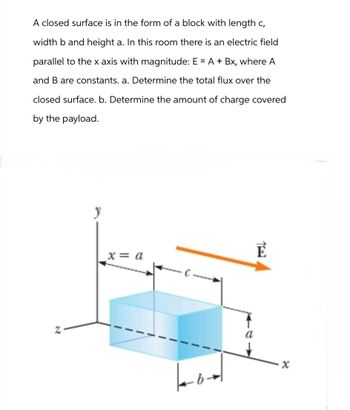 A closed surface is in the form of a block with length c,
width b and height a. In this room there is an electric field
parallel to the x axis with magnitude: E = A + Bx, where A
and B are constants. a. Determine the total flux over the
closed surface. b. Determine the amount of charge covered
by the payload.
N
x = a
ko-