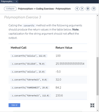 Polymorphis. x
Collapse Polymorphism -> Coding Exercises - Polymorphism
Polymorphism Exercise 3
Calling the convertTo method with the following arguments
should produce the return values in the table below. Note,
capitalization for the string argument should not affect the
output.
Method Call
Return Value
c.convertTo("Celsius", 212.0)
100
c.convertTo("CELSIUS", 78.0)
25.555555555555554
c.convertTo("celsius", 23.0)
-5.0
c.convertTo("Fahrenheit", 0.0)
32.0
c.convertTo("FAHRENHEIT", 29.0)
84.2
c.convertTo("fahrenheit", 112.8)
233.6
TRY IT
