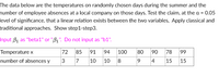 The data below are the temperatures on randomly chosen days during the summer and the
number of employee absences at a local company on those days. Test the claim, at the a = 0.05
level of significance, that a linear relation exists between the two variables, Apply classical and
traditional approaches. Show step1-step3.
Input B1 as "beta1" or "B1". Do not input as "b1".
Temperature x
72
85
91
94
100
80
90
78
99
number of absences y
3
7
10
10
8
4
15
15
