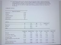 9) The following results are from a regression where the dependent variable is GRADUATION RATE
and the independent variables are % OF CLASSES UNDER 20, % OF CLASSES OF 50 OR MORE,
STUDENT/FACULTY RATIO, ACCEPTANCE RATE, 1ST YEAR STUDENTS IN TOP 10% OF HS
CLASS. The data were split into 2 samples and the following regression results were obtained from
the split data.
SUMMARY OUTPUT
Regression Statistics
Multiple R
0.588
R Square
0.346
Adjusted R Square
0.044
Standard Error
4.55
Observations
20
ANOVA
df
SS
MS
Significance F
Regression
142.0
23.7
1.15
0.391
Residual
13
268.8
20.7
Total
19
410.8
Coefficients
Standard Error
t Stat
P-value
Lower 95%
Upper 95%
Intercept
86.8
25.9
3.4
0.0
30.9
142.8
% of Classes Under 20
-0.171
0.205
-0.838
0.417
-0.613
0.271
% of Classes of 50 or More
-0.266
0.387
-0.688
0.503
-1.102
0.570
-0.127
0.099
-1.276
0.224
-0.341
0.088
Acceptance Rate
1st-Year Students in Top 10% of HS
Class
0.116
0.089
1.304
0.215
-0.076
0.308
2.075
4.018
0.516
0.614
-6.607
10.756
Academic Reputation Score
-0.532
0.408
-1.305
0.215
-1.413
0.349
Student/Faculty Ratio
