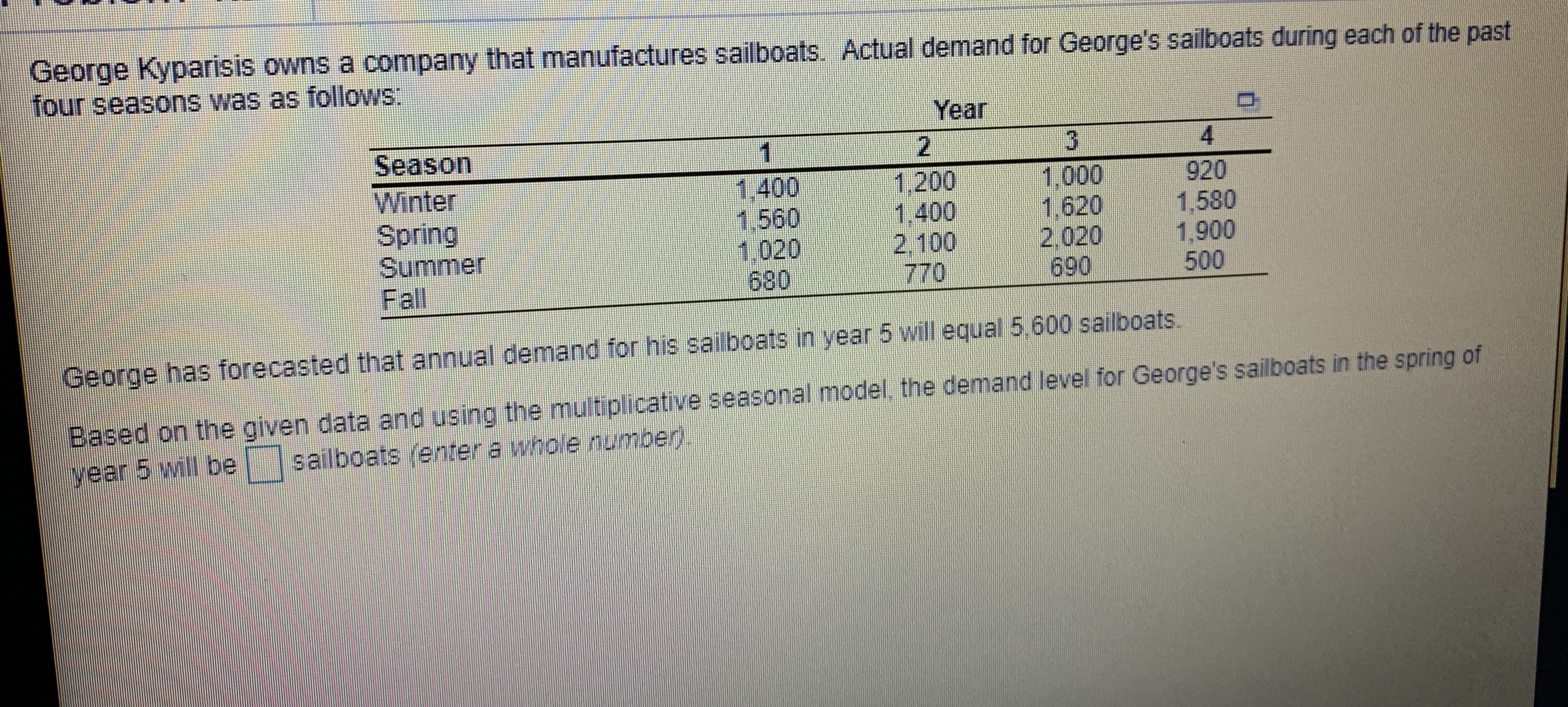 George Kyparisis owns a company that manufactures sailboats. Actual demand for George's sailboats during each of the past
four seasons was as follows:
Year
Season
Winter
Spring
Summer
Fall
1,000
1,400
1.560
1,020
680
1,200
1.400
920
1,6201,580
2.1002,020 1,900
770690500
George has forecasted that annual demand for his sailboats in year 5 will equal 5,600 sailboats.
Based on the given data and using the multiplicative seasonal model, the demand level for George's saliboats in the spring of
year 5 will besailboats (enter a whole number)

