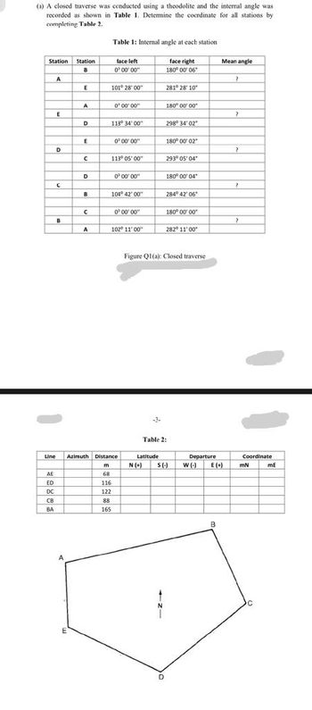 (a) A closed traverse was conducted using a theodolite and the internal angle was
recorded as shown in Table 1. Determine the cocrdinate for all stations by
completing Table 2.
Station.
29883
AE
ED
DC
CB
A
BA
E
D
C
B
Station
B
E
E
A
D
E
с
D
B
с
A
Table 1: Internal angle at each station
face left
0° 00'00"
101° 28' 00"
0° 00'00"
113° 34'00"
Line Azimuth Distance
m
68
116
122
88
165
0° 00'00"
113° 05'00"
0° 00'00"
104⁰° 42'00"
0° 00'00"
102° 11'00"
Latitude
N (+)
face right
180° 00′ 06
281 28 10
180° 00′ 00
D
298° 34' 02"
180° 00' 02"
293° 05' 04"
180 00 04
284° 42'06"
Figure Q1(a): Closed traverse
180° 00'00
282° 11'00
Table 2:
S (-)
Mean angle
Departure
W(-) E (+)
B
?
?
?
?
?
Coordinate
mN
ME