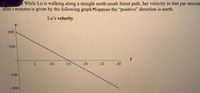 While Lu is walking along a straight north-south forest path, her velocity in feet per minute after \( t \) minutes is given by the following graph. Suppose the "positive" direction is north.

**Lu’s Velocity**

The graph represents Lu's velocity (\( v \)) as a function of time (\( t \)), where:

- The vertical axis (labeled \( v \)) measures velocity in feet per minute, ranging from -200 to 200.
- The horizontal axis (labeled \( t \)) measures time in minutes, from 0 to 30.

**Graph Description:**

- The velocity starts at 200 feet per minute at \( t = 0 \).
- The velocity decreases linearly, crossing the horizontal axis (velocity = 0) at around \( t = 15 \) minutes.
- The velocity continues to decrease, reaching -200 feet per minute at \( t = 30 \).

This indicates that Lu's motion begins heading north at a velocity of 200 feet/minute, slows down to a stop at 15 minutes, and then reverses direction (heading south) with increasing speed, reaching -200 feet/minute by 30 minutes.