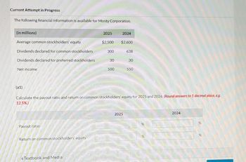 Current Attempt in Progress
The following financial information is available for Monty Corporation.
(in millions)
Average common stockholders' equity
Dividends declared for common stockholders
Dividends declared for preferred stockholders
Net income
(a1)
Payout ratio
Return on common stockholders' equity
2025
e Textbook and Media
$2,500
300
30
500
2024
$2,600
Calculate the payout ratio and return on common stockholders' equity for 2025 and 2024. (Round answers to 1 decimal place, e.g.
12.5%)
638
2025
30
550
%
%
2024
%
%