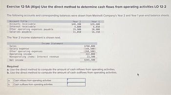 Exercise 12-5A (Algo) Use the direct method to determine cash flows from operating activities LO 12-2
The following accounts and corresponding balances were drawn from Marinelli Company's Year 2 and Year 1 year-end balance sheets.
Year 2
Year 1
$48,200
$39,600
Account Title
Accounts receivable
Interest receivable
Other operating expenses payable
Salaries payable
The Year 2 income statement is shown next.
Income Statement
Sales
Salary expense.
Other operating expenses
Operating income
Nonoperating items: Interest revenue
Net income
4,800
29,900
11,850
a.
Cash inflows from operating activities
b. Cash outflows from operating activities
6,850
20,900
16,150
$760,000.
(169,500)
(268,500)
322,000
23,500
$345,500
Required
a. Use the direct method to compute the amount of cash inflows from operating activities.
b. Use the direct method to compute the amount of cash outflows from operating activities.