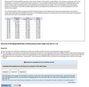 Waveney DIY Centers (WDC) operates a few dozen stores in the eastern United States. The stores are popular with home
remodelers, contractors, and do-it-yourself customers. The managers at Waveney are interested in understanding what
drives costs as well as getting better cost estimates when planning new stores. The area manager for the Southeast
Region is interested in new data analysis approaches to management and offered to run a test using data from the 14
stores in the region.
The initial thoughts of the managers and the financial analysts in the region were that two primary factors drove store
costs: store area (square footage) and revenue. The following data were collected from the most recent year of operations
(revenues and costs in thousands of dollars).
Revenues
(5000)
$ 21,545
Costs
(5000)
Store
SE-01
Area
(Square Feet)
70,147
$ 16,799
SE-02
16,482
52,417
13,495
SE-03
26,721
84,331
20,210
SE-04
20,389
68,374
16,079
SE-05
20,666
59,509
16,112
SE-06
18,756
68,374
15,099
SE-07
25,505
96,748
19,691
SE-08
13,701
47,098
11,747
SE-09
24,081
79,012
18,453
SE-10
16,830
63,055
13,864
SE-11
21,358
66,601
16,633
SE-12
18,120
73,693
14,797
SE-13
14,674
63,055
12,570
SE-14
23,904
75,466
18,294
Exercise 5-44 (Algo) Methods of Estimating Costs: High-Low (LO 5-1, 2)
Required:
a. Use the high-low method to estimate the fixed and variable portions of store costs based on store revenues.
b. The managers in the region are interested in opening a new store with expected revenues of $20.0 million. Assuming the data and
cost estimates from the current stores are appropriate for the new store (SE-15), what are the estimated store costs for store SE-15?
c. Managers are also considering a "mega-store" with revenues of $32.0 million. What are the estimated store costs for the mega
store?
Answer is complete but not entirely correct.
Complete this question by entering your answers in the tabs below.
Required A
Required B Required C
The managers in the region are interested in opening a new store with expected revenues of $20 million. Assuming the data
and cost estimates from the current stores are appropriate for the new store (SE-15), what are the estimated store costs for
store SE-15?
Note: Do not round your intermediate calculations. Enter your answer in thousands of dollars rounded to 2 decimal places.
Store costs
14,908.25
Show less A
