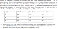 Suppose the government is considering the provision of traffic lights at three different locations, denoted 1, 2 and ach
traffic light costs $600 to install. There are three individuals (A, B, and C). If a traffic light is installed all individuals will
be taxed equally to pay for the costs and this information is known to the individuals. The decision whether to install
each individual traffic light is taken on the basis of a majority vote; and, for each individual, if the individual's valuation
is greater than or equal to the cost to them then they would vote in favour of provision. The table below gives the
value that each individual places on installing a traffic light at each of the locations:
Location
Individual A
Individual B
Individual C
1
170
150
300
220
250
180
3
150
220
220
b. Explain for each of the three locations what decisions would be made using a Clark-Groves mechanism, how
much each individual would pay and how much revenue would be raised towards the cost. To ease your
calculations, you can use a calculator or a computing software such as Excel.
