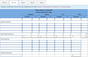 The document is a table designed for preparing contribution format income statements for Topper Sports, Incorporated, specifically for the month of May. The statement needs to show "Total percent" answers rounded to one decimal place.

### Table Structure:

- **Columns:**
  - The table is divided into four main columns: Standard, Deluxe, Pro, and Total.
  - Each of these columns is further divided into "Amount" and "%" to separately capture monetary values and their percentages.

- **Rows:**
  - **Variable Expenses:** A section designated for listing variable expenses. This section includes:
    - Individual lines for listing various expenses.
    - A summary line for Total Variable Expenses, which should calculate the total amounts and percentages for each product type and in total.
    - Currently, all values for variable expenses are set to 0.
  
  - **Fixed Expenses:** A section for listing fixed expenses, including:
    - Individual lines for fixed expense categories.
    - A summary line for Total Fixed Expenses, which should provide total amounts and percentages.
    - All fixed expense values are presently 0.

This structure allows for a detailed breakdown of expenses associated with different product categories, enabling clear financial analysis. The statement is formatted in a way that would facilitate a comparison of variable and fixed costs against total revenues in a contribution income statement format.