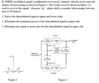 B. DSBSC modulated signal is transmitted over a noisy channel, with the power spectral
density of noise being as shown in Figure 1. The Costas receiver shown in figure 2 is
used to recover the signal. (Assume: () phase shift is constant value arrange between
zero to 90 degree)
1. Derive the demodulated signal at upper and lower sides
2. Determine the maximum power of the demodulated signal at upper side
3. Determine the signal to noise ratio for the demodulated signal at upper side
lehanel
Podut
modulator
Los
fite
Denodlatad
Vitage
controlled
Oll
Pra
phase-shiter
Pudiet
meduletar
Loepes
Figure 1
Figure 2
