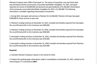 Plaintain Company owns 100% of Syncopati Inc. The excess of acquisition cost over book value
was attributed entirely to previously unrecorded identifiable intangibles. For 2021, Syncopati
reported net income of $6,000,000 and declared and paid dividends of $1,500,000. Amortization
of the previously unrecorded identifiable intangibles for 2021 is $1,200,000. The following
information is available regarding intercompany transactions:
1. During 2021, Syncopati sold services to Plaintain for $1,000,000. Plaintain still owes Syncopati
$100,000 for those services at year-end.
2. Plaintain's ending inventory at December 31, 2021, included merchandise acquired from Syncopati;
the unconfirmed profit on this inventory was $300,000.
3. Plaintain's ending inventory at December 31, 2020, included merchandise acquired from Syncopati;
the unconfirmed profit on this inventory was $400,000.
4. Syncopati's ending inventory at December 31, 2021, included merchandise acquired from Plaintain;
the unconfirmed profit on this inventory was $150,000.
5. Syncopati's ending inventory at December 31, 2020, included merchandise acquired from Plaintain;
the unconfirmed profit on this inventory was $225,000.
Required:
a. Calculate Plaintain Company's equity in net income for 2021.
b. Prepare the working paper eliminations made in consolidation at December 31, 2021, related to the
intercompany ("I") transactions ONLY.
