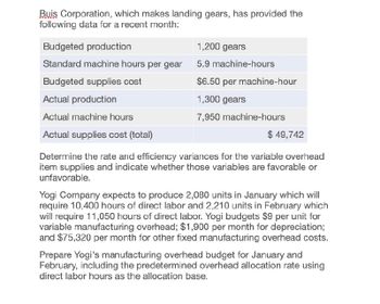 Buis Corporation, which makes landing gears, has provided the
following data for a recent month:
Budgeted production
1,200 gears
Standard machine hours per gear
Budgeted supplies cost
5.9 machine-hours
$6.50 per machine-hour
Actual production
Actual machine hours
Actual supplies cost (total)
1,300 gears
7,950 machine-hours
$ 49,742
Determine the rate and efficiency variances for the variable overhead
item supplies and indicate whether those variables are favorable or
unfavorable.
Yogi Company expects to produce 2,080 units in January which will
require 10,400 hours of direct labor and 2,210 units in February which
will require 11,050 hours of direct labor. Yogi budgets $9 per unit for
variable manufacturing overhead; $1,900 per month for depreciation;
and $75,320 per month for other fixed manufacturing overhead costs.
Prepare Yogi's manufacturing overhead budget for January and
February, including the predetermined overhead allocation rate using
direct labor hours as the allocation base.