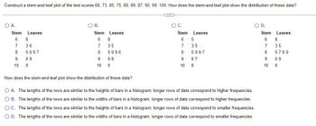 Construct a stem-and-leaf plot of the test scores 68, 73, 85, 75, 89, 89, 87, 90, 99, 100. How does the stem-and-leaf plot show the distribution of these data?
O A.
Stem Leaves
6 8
IF
7 36
8 5697
9 09
10 0
O B.
Stem Leaves
6 8
IF
7 35
8 5996
9 09
10 0
How does the stem-and-leaf plot show the distribution of these data?
O C.
Stem
6
7
8
9
10
Leaves
5
35
5997
07
0
O D.
O A. The lengths of the rows are similar to the heights of bars in a histogram; longer rows of data correspond to higher frequencies.
O B. The lengths of the rows are similar to the widths of bars in a histogram; longer rows of data correspond to higher frequencies.
OC. The lengths of the rows are similar to the heights of bars in a histogram; longer rows of data correspond to smaller frequencies.
O D. The lengths of the rows are similar to the widths of bars in a histogram; longer rows of data correspond to smaller frequencies.
Stem
6
7
8 5799
9
10 0
Leaves
8
35
09