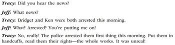 Tracy: Did you hear the news?
Jeff: What news?
Tracy: Bridget and Ken were both arrested this morning.
Jeff: What? Arrested? You're putting me on!
Tracy: No, really! The police arrested them first thing this morning. Put them in
handcuffs, read them their rights-the whole works. It was unreal!