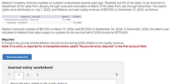 Mattson Company receives royalties on a patent It developed several years ago. Royalties are 4% of net sales, to be received on
September 30 for sales from January through June and receivable on March 31 for sales from July through December. The patent
rights were distributed on July 1, 2023, and Mattson accrued royalty revenue of $57,000 on December 31, 2023, as follows:
General Journal
Receivable-royalty revenue
Royalty revenue
57,000
Mattson received royalties of $61,700 on March 31, 2024, and $77,000 on September 30, 2024. In December, 2024, the patent user
Indicated to Mattson that sales subject to royalties for the second half of 2024 should be $770,000.
View transaction list
Required:
1. Prepare any Journal entries Mattson should record during 2024 related to the royalty revenue.
Note: If no entry is required for a transaction/event, select "No Journal entry required" in the first account field.
Journal entry worksheet
<
Debit
57,000
1
2 3
Credit
Record the entry related to the royalty revenue.