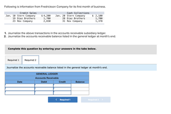 Following is information from Fredrickson Company for its first month of business.
Cash Collections
Jan. 20 Stern Company
28 Diaz Brothers
31 Rex Company
Credit Sales
Jan. 10 Stern Company
19 Diaz Brothers
23 Rex Company
$4,200
1,700
2,650
1. Journalize the above transactions in the accounts receivable subsidiary ledger.
2. Journalize the accounts receivable balance listed in the general ledger at month's end.
Required 1 Required 2
Complete this question by entering your answers in the tabs below.
Date
Journalize the accounts receivable balance listed in the general ledger at month's end.
GENERAL LEDGER
Accour Receivable
Debit
$ 2,100
1,700
1,378
Credit
< Required 1
Balance
Required 2 >