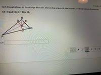 POSSIBLE P
Each triangle shows its three angle bisectors intersecting at point C, the incenter. Find the indicated measures.
CE = 8 and CQ= 17. Find CF.
F
CF=
2
3
4.
5 6
