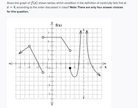 Given the graph of f(x) shown below, which condition in the definition of continuity fails first at
x = 4, according to the order discussed in class? Note: There are only four answer choices
for this question.
f(x)
X
