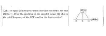 [Q2] The signal (whose spectrum is shown) is sampled at the rate
25kHz. (1) Draw the spectrum of the sampled signal. (2) what is
the cutoff frequency of the LPF used for the demodulation?
IM(f)I
Ä
-18 0
18
-f(kHz)