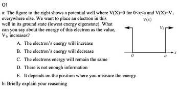 Q1
V(x)
a: The figure to the right shows a potential well where V(X)=0 for 0<x<a and V(X)=V₁
everywhere else. We want to place an electron in this
well in its ground state (lowest energy eigenstate). What
can you say about the energy of this electron as the value,
V₁, increases?
A. The electron's energy will increase
B. The electron's energy will decrease
C. The electrons energy will remain the same
D. There is not enough information
E. It depends on the position where you measure the energy
b: Briefly explain your reasoning
0
V₁
a