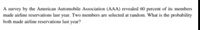 A survey by the American Automobile Association (AAA) revealed 60 percent of its members
made airline reservations last year. Two members are selected at random. What is the probability
both made airline reservations last year?
