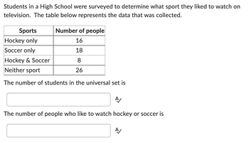 Students in a High School were surveyed to determine what sport they liked to watch on
television. The table below represents the data that was collected.
Sports
Number of people
Hockey only
16
Soccer only
18
Hockey & Soccer
8
Neither sport
26
The number of students in the universal set is
A/
The number of people who like to watch hockey or soccer is