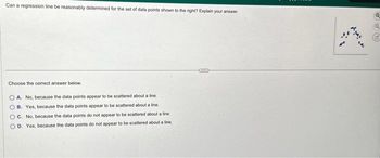 Can a regression line be reasonably determined for the set of data points shown to the right? Explain your answer.
Choose the correct answer below.
OA. No, because the data points appear to be scattered about a line.
OB. Yes, because the data points appear to be scattered about a line.
OC. No, because the data points do not appear to be scattered about a line.
OD. Yes, because the data points do not appear to be scattered about a line.
ROO