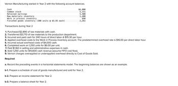 Vernon Manufacturing started in Year 2 with the following account balances.
Cash
Common stock
Retained earnings
$6,000
5,151
5,400
1,400
890
2,261
Raw materials inventory
Work in process inventory
Finished goods inventory (380 units @ $5.95 each)
Transactions during Year 2
1. Purchased $2,890 of raw materials with cash.
2. Transferred $3,770 of raw materials to the production department.
3. Incurred and paid cash for 240 hours of direct labor @ $15.30 per hour.
4. Applied overhead costs to the Work in Process Inventory account. The predetermined overhead rate is $16.00 per direct labor hour.
5. Incurred actual overhead costs of $4,000 cash.
6. Completed work on 1,250 units for $6.00 per unit.
7. Paid $1,160 in selling and administrative expenses in cash.
8. Sold 1,250 units for $10,600 cash revenue (assume FIFO cost flow).
9. Vernon charges overapplied or underapplied overhead directly to Cost of Goods Sold.
Required
a. Record the preceding events in a horizontal statements model. The beginning balances are shown as an example.
b-1. Prepare a schedule of cost of goods manufactured and sold for Year 2.
b-2. Prepare an income statement for Year 2.
b-3. Prepare a balance sheet for Year 2.