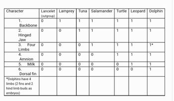 Character
1.
Backbone
2.
Hinged
Jaw
3. Four
Limbs
4.
Amnion
5.
6.
Milk
Dorsal fin
*Dolphins have 4
limbs (2 fins and 2
hind limb buds as
embryos)
Lancelet Lamprey Tuna Salamander
(outgroup)
0
0
0
0
0
0
1
0
0
0
0
0
1
1
0
0
0
0
1
1
1
lo
0
0
0
Turtle
1
1
1
1
0
0
Leopard
1
1
1
1
1
0
Dolphin
1
1
1*
1
1
1