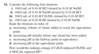 16. Consider the following four titrations.
i. 100.0 mL of 0.10 M HCl titrated by 0.10 M NaOH
ii. 100.0 mL of 0.10 M NaOH titrated by 0.10 M HCI
iii. 100.0 mL of 0.10 M CH,NH, titrated by 0.10 M HCI
iv. 100.0 mL of 0.10 M HF titrated by 0.10 M NaOH
Rank the titrations in order of:
a. increasing volume of titrant added to reach the equivalence
point.
b. increasing pH initially before any titrant has been added.
c. increasing pH at the halfway point in equivalence.
d. increasing pH at the equivalence point.
How would the rankings change if C;H;N replaced CH;NH, and
if HOC,H5 replaced HF?
