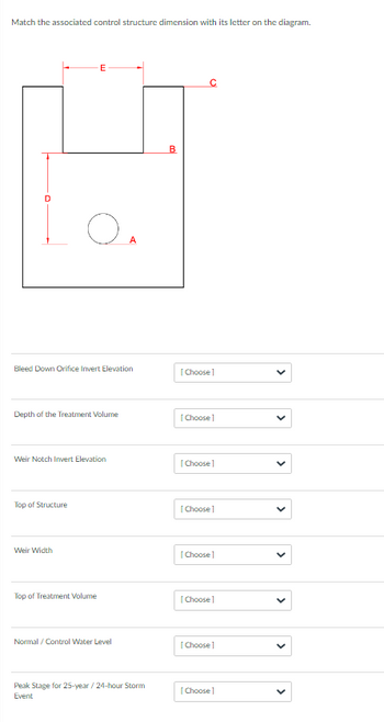 Match the associated control structure dimension with its letter on the diagram.
Bleed Down Orifice Invert Elevation
O A
Depth of the Treatment Volume
Weir Notch Invert Elevation
Top of Structure
Weir Width
Top of Treatment Volume
Normal/Control Water Level
Peak Stage for 25-year / 24-hour Storm
Event
B
[Choose]
[Choose]
[Choose]
[Choose]
[Choose]
[Choose]
[Choose]
[Choose]