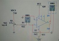 VCC
XMM2
12V
+.
VDC1
15V
XMM1
U1
DOOU
主
R2
0 % -
章
1kQ
R1
(ey-DA
1kQ
741
R3
1kQ
VEE
-12V
+
