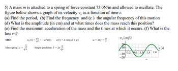 5) A mass m is attached to a spring of force constant 75.0N/m and allowed to oscillate. The
figure below shows a graph of its velocity v, as a function of time t.
(a) Find the period, (b) Find the frequency and (c) the angular frequency of this motion
(d) What is the amplitude (in cm) and at what times does the mass reach this position?
(e) Find the maximum acceleration of the mass and the times at which it occurs. (f) What is the
lass m?
SHO:
Mass-spring: @=
ax(t)
m
d²x
dt²
-w²x(t) x(t) = A cos(wt + p)
Simple pendulum: T = 27
w = 2πf
=
2πT
v, (cm/s)
201
10
-10
-20
0.2 0.6 1.0 1.4 1.8
t(s)