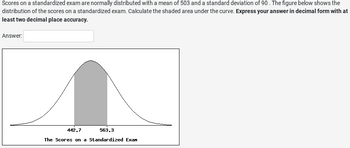 Scores on a standardized exam are normally distributed with a mean of 503 and a standard deviation of 90. The figure below shows the
distribution of the scores on a standardized exam. Calculate the shaded area under the curve. Express your answer in decimal form with at
least two decimal place accuracy.
Answer:
442.7
563.3
The Scores on a Standardized Exan