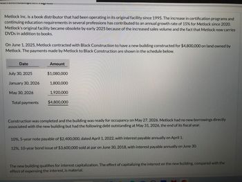 Metlock Inc. is a book distributor that had been operating in its original facility since 1995. The increase in certification programs and
continuing education requirements in several professions has contributed to an annual growth rate of 15% for Metlock since 2020.
Metlock's original facility became obsolete by early 2025 because of the increased sales volume and the fact that Metlock now carries
DVDs in addition to books.
On June 1, 2025, Metlock contracted with Black Construction to have a new building constructed for $4,800,000 on land owned by
Metlock. The payments made by Metlock to Black Construction are shown in the schedule below.
Date
July 30, 2025
January 30, 2026
May 30, 2026
Total payments
Amount
$1,080,000
1,800,000
1,920,000
$4,800,000
Construction was completed and the building was ready for occupancy on May 27, 2026. Metlock had no new borrowings directly
associated with the new building but had the following debt outstanding at May 31, 2026, the end of its fiscal year.
10%, 5-year note payable of $2,400,000, dated April 1, 2022, with interest payable annually on April 1.
12%, 10-year bond issue of $3,600,000 sold at par on June 30, 2018, with interest payable annually on June 30.
The new building qualifies for interest capitalization. The effect of capitalizing the interest on the new building, compared with the
effect of expensing the interest, is material.