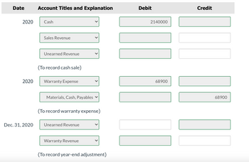 Date
2020
2020
Dec. 31, 2020
Account Titles and Explanation
Cash
Sales Revenue
Unearned Revenue
(To record cash sale)
Warranty Expense
Materials, Cash, Payables
(To record warranty expense)
Unearned Revenue
Warranty Revenue
(To record year-end adjustment)
Debit
2140000
II
68900
Credit
68900