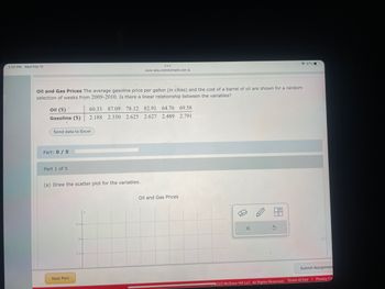 3:20 PM Wed Feb 15
Oil and Gas Prices The average gasoline price per gallon (in cities) and the cost of a barrel of oil are shown for a random
selection of weeks from 2009-2010. Is there a linear relationship between the variables?
Oil (S)'
60.33 87.09 78.12 82.91 64.76 69.58
Gasoline ($) 2.188 2.350 2.625 2.627 2.489 2.791
Send data to Excel
Part: 0 / 5
Part 1 of 5
(a) Draw the scatter plot for the variables.
Next Part
4.5.
...
www-awu.connectmath.com
4.
3.5+
Oil and Gas Prices
1
X
S
*
47%
Submit Assignmen
2023 McGraw Hill LLC. All Rights Reserved. Terms of Use | Privacy Ce