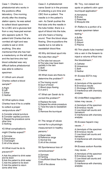 Case 1: Charles is a
phlebotomist who works in
the positions office
laboratory. One morning
shortly after the drawing
station opens, he was asked
to collect blood specimens
for a CBC and a glucose test
from a very heavyset woman
who appears quite ill. The
patient told Charles that she
vomited all night and was
unable to eat or drink
anything. She also
mentioned that she has had
a mastectomy on the left side
and the last time she had
blood collected was very
difficult before phlebotomist
was able to collect a
specimen.
41. Which arm should
Charles collect a blood
sample?*
A.Right
B.Left
C.Either
D.Neither
42. What options does
Charles have if he is unable
to collect a proper
venipuncture site?"
A.Consider arterial puncture
B.Consider capillary puncture
C.Repeat the procedure some
other time
D.Nothing
43. What complication/s
might Charles expect?"
A.Syncope
B.Dehydration
C.Overweight
D.All of the above
44. What must he do to
prevent it?"
A.Ask the patient to drink water
and lie down
B.Ask the patient to drink water
C.Ask the patient to lie down
D.Ask the patient to return
some other time
Case 2: A phlebotomist
name Sarah is in the process
of collecting a pro time and
CBC from a patient. The
needle is in the patient's
vein. As Sarah pushes the
first tube onto the needle in
the tube holder, there is a
spurt of blood into the tube,
and she hears a hissing
sound. Then the blood stops
flowing. She-re-positions the
needle but is not able to
reestablish blood flow.
45. Why did blood spurt into
the tube then stop?*
A.The tube lost vacuum
B.The tube may have been
partially in the vein
C.Both
D.Neither
46. What clues are there to
determine the problem?"
A.The hissing sound
B.Spurt of blood
C.Blood stops flowing
D.A and C
47. What can Sarah do to
correct the problem?*
A.Replace the tube
B.Repeat the whole procedure
C.Twist the tube to reestablish
flow
D.Remove the tourniquet
51. The range of values
normal for a physiologic
measurement in healthy
persons.*
A.Basal state
B.Reference range
C.Normal line
D. All of the choices
58.Spontaneous loss of
consciousness*
A.Syncope
B.Fainting
C.Insufficient blood flow to the
brain
D.All of the above
59. Tiny, non-raised red
spots on patient's skin upon
tourniquet application*
A.Hematoma
B.Bruise
C.Petechiae
D.Mosquito bite
81. Refers to a portion of a
sample specimen taken
testing.*
A.Buffer
B.Serum
C.Aliquot
D.Plasma
60. Thin plastic tube inserted
into a vein in the forearm to
inject a volume of fluid into
the bloodstream.*
A.Catheter
B.Intravenous
C.Both
D.Neither
61.Excess EDTA may
cause...*
A.Hemolysis of the specimen
B.Erroneous results
C.Shrinkage of RBCs
D.Interference with chemistry
analytes
62. Underfilled coagulation
tubes may cause....
A.Hemolysis of the specimen
B.Erroneous results
C.Low blood cell counts and
hematocrit
D.Interference with chemistry
analytes
63. Excess heparin may
cause....*
A.Hemolysis of the specimen
B.Erroneous results
C.Low blood cell counts and
hematocrit
D.Interference with chemistry
analytes
64. Excess sodium fluoride
may cause...*
A.Hemolysis of the specimen
B.Erroneous results
C.Low blood cell counts and
hematocrit
D.Interference with chemistry
analytes