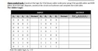 Open ended task: Construct the logic for 4-bit binary adder-subtractor using 4-bit parallel adder and XOR
gates, draw the logic diagram, construct the circuit on hardware and complete the truth table.
For Adder Logic:
INPUT
OUTPUT
A4
A3 A2
A1 Decimal B4 B3
B2
B1
Decimal
E(CoutS4S3S2S1)
1
1
1
1
1
1
1
1
1
1
1
1
1
1
1
1
1
1
1
1
1
1
1
1
1
1
1
1
1
1
Hint: For adder logic, Co = 0
