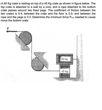 A 60 Kg crate is resting on top of a 45 Kg crate as shown in figure below. The
top crate is attached to a wall by a cord, and a rope attached to the bottom
crate passes around two fixed pegs. The coefficient of friction between the
two crates is 0.4; between the crate and the floor is 0.5; and between the
rope and the pegs is 0.3. Determine the minimum force Pmin needed to cause
move the bottom crate.
60 kg
45 kg