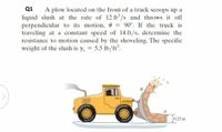 Q1
A plow located on the front of a truck scoops up a
liquid slush at the rate of 12 ft /s and throws it off
perpendicular to its motion, 0 :
traveling at a constant speed of 14 ft/s, determine the
resistance to motion caused by the shoveling. The specific
weight of the slush is y,
90°. If the truck is
5.5 lb/ft.
В
A
J0.25 m
