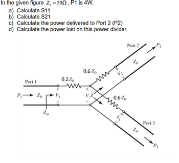 In the given figure Zo=509. P1 is 4W.
a) Calculate S11
b) Calculate S21
c) Calculate the power delivered to Port 2 (P2)
d) Calculate the power lost on this power divider.
P₁
Port 1
Zo
Zin
0.2%
0.6 Zo
VZ
22
0.6 Zo
V3
Port 2
Zo
10
Port 3
P₂
·P3