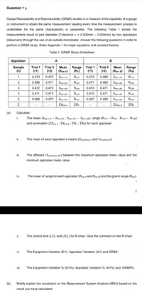 Answered: Question 1 (. Gauge Repeatability And… | Bartleby