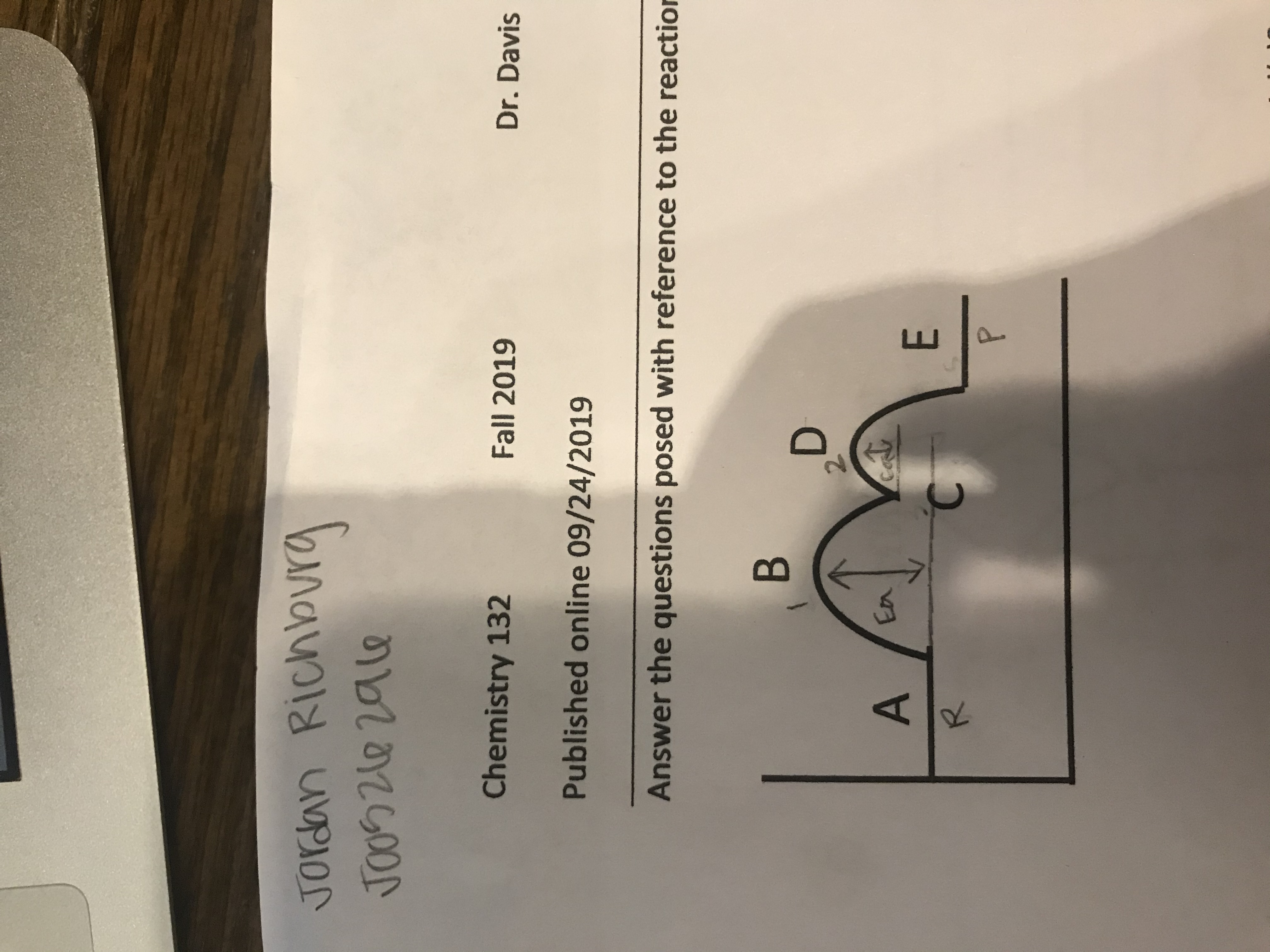 JOrdan Richlovra
Chemistry 132
Fall 2019
Dr.Davis
Published online 09/24/2019
Answer the questions posed with reference to the reaction
В
D
22
A
En
E
C
R
P
