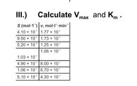 III.)
Calculate Vmax
and Km ·
S (mol·1") v, mol·l"-min
4.10 x 10° 1.77 x 10
9.50 x 10* 1.73 x 10*
5.20 x 10* 1.25 x 10*
1.06 x 10*
1.03 x 10*
4.90 x 10 8.00 x 10*
1.06 x 10* 6.70 x 10
5.10 x 10° 4.30 x 10*
-6
