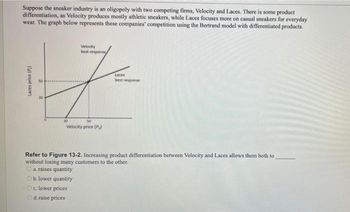 Suppose the sneaker industry is an oligopoly with two competing firms, Velocity and Laces. There is some product
differentiation, as Velocity produces mostly athletic sneakers, while Laces focuses more on casual sneakers for everyday
wear. The graph below represents these companies' competition using the Bertrand model with differentiated products.
Laces price (P)
50
30
30
30
Velocity price (P)
Velocity
best response
c. lower prices
d. raise prices
Laces
best response
Refer to Figure 13-2. Increasing product differentiation between Velocity and Laces allows them both to
without losing many customers to the other.
O a. raises quantity
b. lower quantity