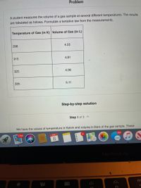 Problem
A student measures the volume of a gas sample at several different temperatures. The results
are tabulated as follows. Formulate a tentative law from the measurements.
Temperature of Gas (in K) Volume of Gas (in L)
298
4.55
315
4.81
325
4.96
335
5.11
Step-by-step solution
Step 1 of 3 A
We have the values of temperature in Kelvin and volume in liters of the gas sample. These
1,190
261
FEB
8.
MacBook Air
80
000
00
F6
