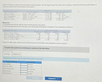 Sultan Company uses an activity-based costing system. At the beginning of the year, the company made the following estimates of
cost and activity for its five activity cost pools:
17
Activity Cost Pool
Labor-related
Purchase orders
Parts management
Board etching
General factory
Activity Measure
Direct labor-hours
Number of orders
Number of part types
Number of boards
Machine-hours
Activity Cost Pool
Required:
1. Compute the activity rate for each of the activity cost pools.
2. The expected activity for the year was distributed among the company's four products as follows:
Product A
7,100
78
38
550
2,900
Labor-related
Purchase orders
Parts management
Board etching
General factory
Expected
Overhead Cost
$ 270,900
$ 11,745
$78,570
$ 72,400
$ 212,400
Requir1 Required 2
Compute the activity rate for each of the activity cost pools.
Activity Cost Pool
Labor-related (DLHs)
Product C
4,000
47
Purchase orders (orders)
Parts management (part types)
30
Board etching (boards)
520
General factory (MHS)
3,900
Using the ABC data, determine the total amount of overhead cost assigned to each product.
Complete this question by entering your answers in the tabs below.
Activity Rate
per DLH
per order
per part type
per board
per MH
< Required 1
Expected Activity
30,100 DLHs
Expected Activity
Product B
13,800
37
15
740
6,200
1,810 boards
17,700 MHS
261 orders
97 part types
Required 2 >
Product D
5,200
99
14
0
4,700