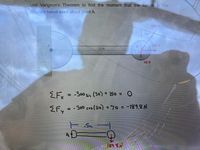 ### Varignon's Theorem and Force Analysis

**Objective:**
Use Varignon's Theorem to find the moment that the forces in the diagram exert about point A.

**Diagram Explanation:**
The diagram shows a horizontal beam with two points, A and B. The distance between points A and B is marked as 5 meters. At point B, there are three forces acting: 
- A 300 N force at an angle of 30 degrees from the horizontal.
- A horizontal force of 150 N.
- A vertical downward force of 70 N.

**Equations and Calculations:**

1. **Sum of Forces in the X-Direction (\( \Sigma F_x \)):**

   \[
   \Sigma F_x = -300 \sin(30^\circ) + 150 = 0
   \]

   This equation considers the components of the 300 N force and the 150 N force in the horizontal direction.

2. **Sum of Forces in the Y-Direction (\( \Sigma F_y \)):**

   \[
   \Sigma F_y = -300 \cos(30^\circ) + 70 = -189.8 \, \text{N}
   \]

   This equation considers the vertical components of the 300 N force and the 70 N force.

**Diagram Sketch:**
- A line represents the beam from point A to point B.
- Forces are shown at point B with respective magnitudes and directions.
- A notation indicates the moment exerted about point A due to these forces.

**Conclusion:**
Using Varignon's Theorem, the contributions of each force's moment around point A can be calculated to find the resultant moment.