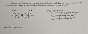 Assume that the combinational logic in the following block diagram is the one given in the
previous problem. Given the values below, what is the minimum clock cycle time?
CLK
CLK
E
Timing Characteristics:
t
t
t
= 70 ps (propagation delay of FF)
pcq
setup
hold
= 60 ps (setup time for FF)
= 30 ps (hold time for FF)
Min. Clock Cycle Time: